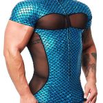 Gayparadise Mermaid Scale Metallic Coated See Through Mesh Patchwork Stretchy Bodycon Bodysuit