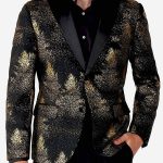 Gold Glitter Forest Print Lapel Collar Blazer