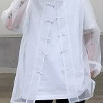 See Through Buckle Stand-Up Collar Loose Long Sleeve White Shirt