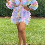 Candy Rainbow Puffed Sleeves Tulle Top Overlay Pastel Shorts Set