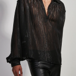 Gayparadise See Through Mesh Glitter Lantern Sleeve V Neck Loose Fit Shirt