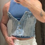 Casual Vintage Raw Trim Slim Fit Denim Corset Bustier