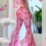 Butterfly Prints Mesh Flared Trousers Pink Pants