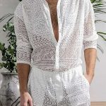 Gayparadise Men's Stand-Up Collar All Over Lace Shirt Shorts Two Piece Set