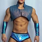 Gayparadise Glitter Laser Metallic Coated Top Shorts Two Piece Set With Gloves