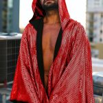 Unisex Laser Sequin Irregular Hem Red Hooded Kimono Cape