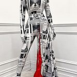 Gayparadise Newspaper Print Costume Tight Jumpsuit With Side Drape Train