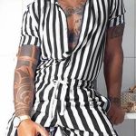 Gayparadise Men's Turndown Collar Stripe Print Elastic Waist Rompers