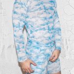 Sky Clouds Pattern See Through Mesh Long Sleeve Stretchy Top Shorts Two Piece Set [Pre-Order]