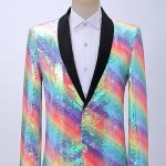 Gradient Rainbow Sequin Knit Stitching V-Neck Semi Formal Blazer