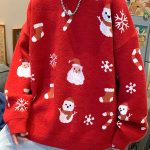 Christmas Snowman Snowflake Print Long Sleeve Knit Sweatshirt