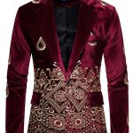 Golden Floral Embroidery Long Sleeve Slim Fit Velvet Blazer