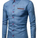 Denim Pocket Turndown Collar Long Sleeve Solid Color Slim Casual Shirt