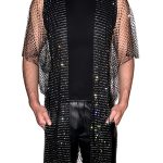 Gayparadise Men's Full Rhinestone See Through Mesh Irregular Hem Short Sleeve Kimono