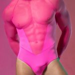 Gayparadise Mesh See-Through Patchwork Long Sleeve Hot Pink Stretchy Bodysuit