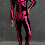 Skeleton Print High Neck Halloween Costume Fuchsia Bodycon Jumpsuit