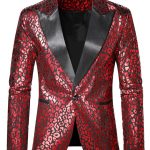 Glitter Leopard Print Long Sleeve Slim Fit Party Red Blazer