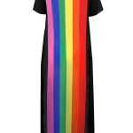 Rainbow Striped Print Mesh See Through Short Sleeve Dress