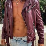 PU Leather Zipper Lapel Collar Burgundy Jacket