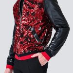 Sequin PU Leather Patchwork Colorblock Red Long Sleeve Jacket