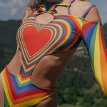 Rainbow Stripes Heart Pattern Hollow Open Shoulder Bodysuit