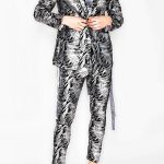 Metallic Pattern Print Silver Blazer Pants Two Piece Set [Pre-Order]