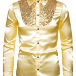 Sequin Stitching Satin Lapel Collar Long Sleeve Basics Shirt