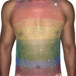 Gayparadise Unisex Festival Rainbow Mesh Rhinestone Raw Cut Tank Top