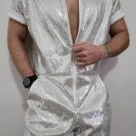 Sequin Zipper Short Sleeve Silver Jumpsuit