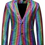 Metallic Rainbow Coating Plaid Print Lapel Collar Long Sleeve Semi Formal Blazer