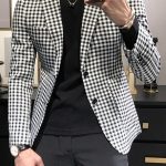 Casual Black And White Plaid Long Sleeve Slim Fit Blazer