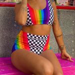 Unisex Rainbow Stripe Checkered Sleevesless U Neck Swim Bathing Suit