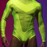 Gayparadise See Through Mesh Patchwork Back Zipper Stretchy Lime Green Bodysuit